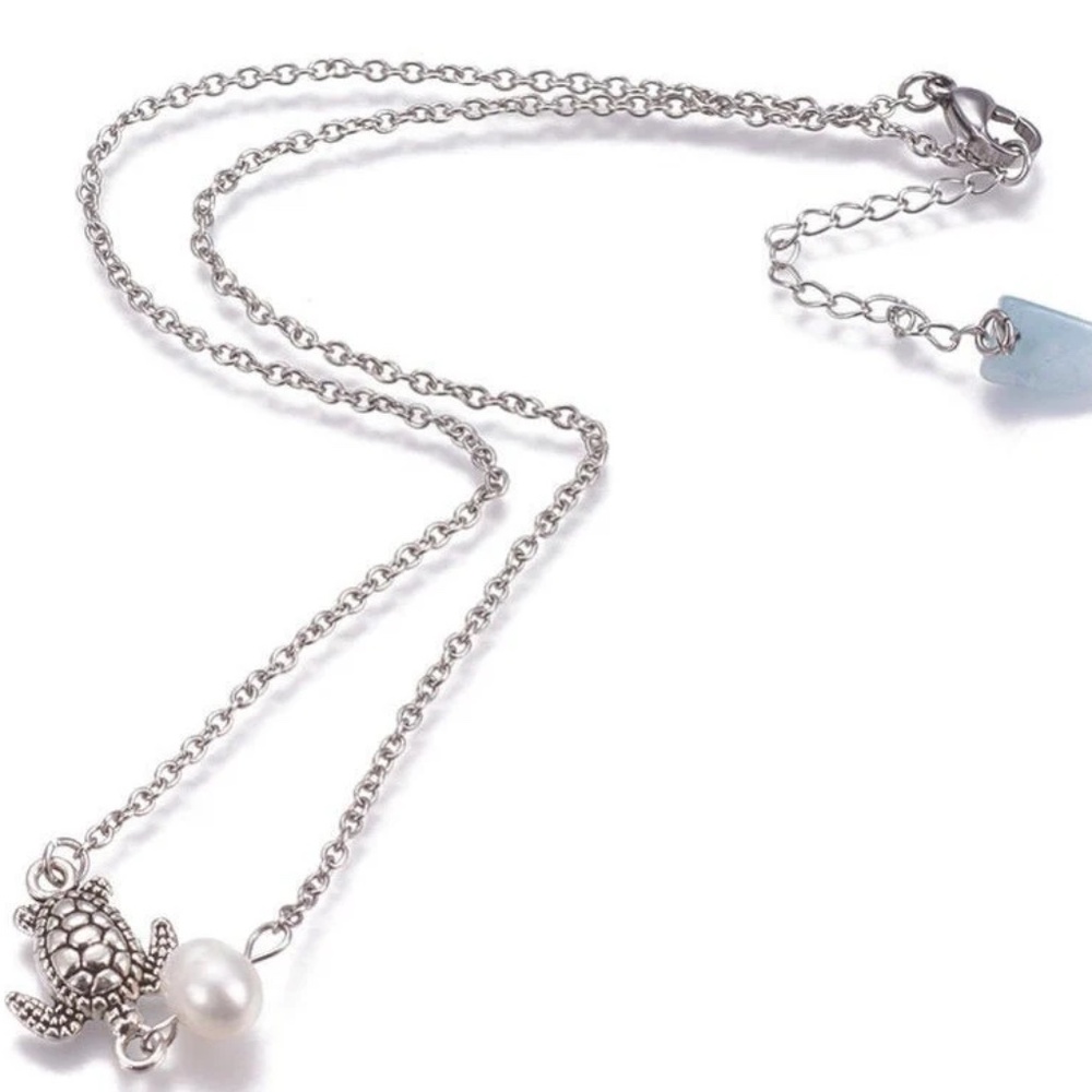 Stainless Steel Turtle Pendant Necklace & Anklet, with Pearl Set
